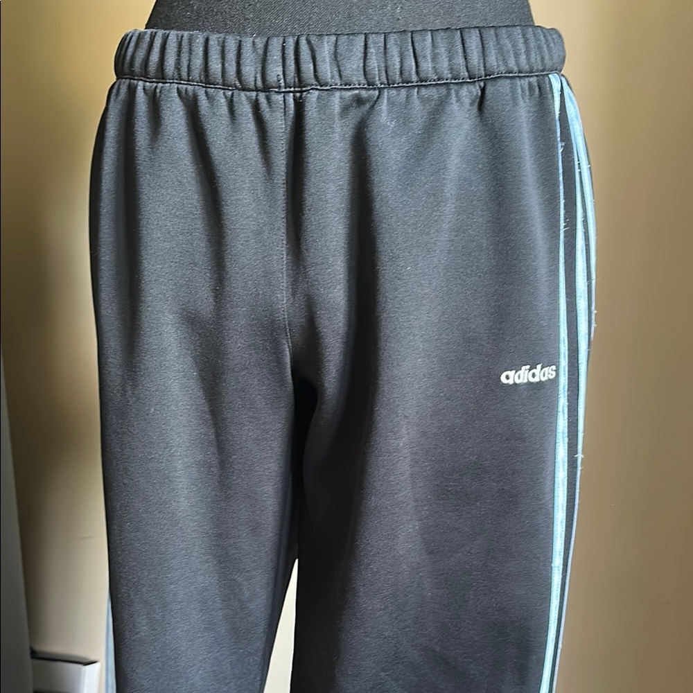 Adidas Black Track Pants with Light Blue Stripes/ Back Pocket - Picture 2 of 14